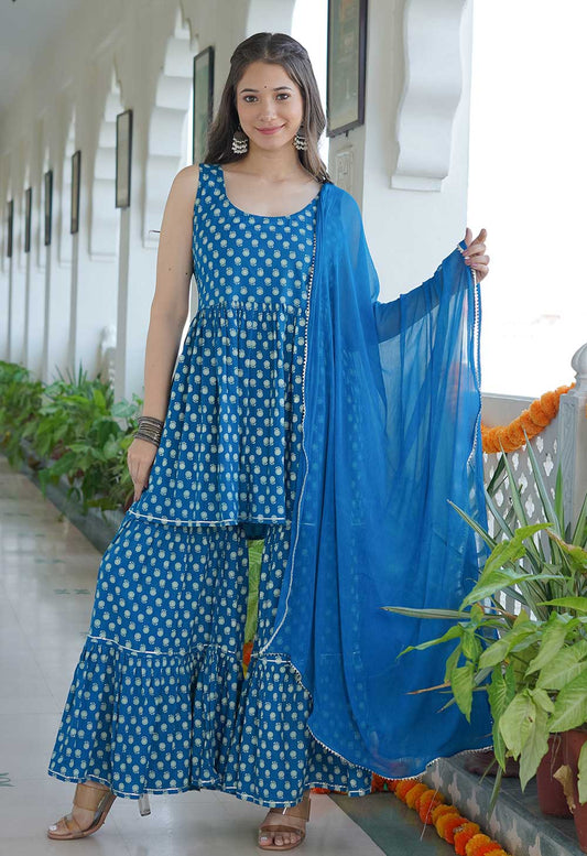 Sharara Suit Set Blue Pprinted rayon fabric